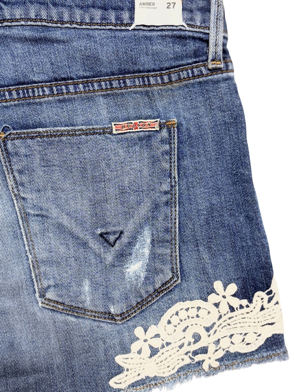new Amber Fray Raw Edge Hem Denim Shorts with Lace Applique - Picture 9 of 16